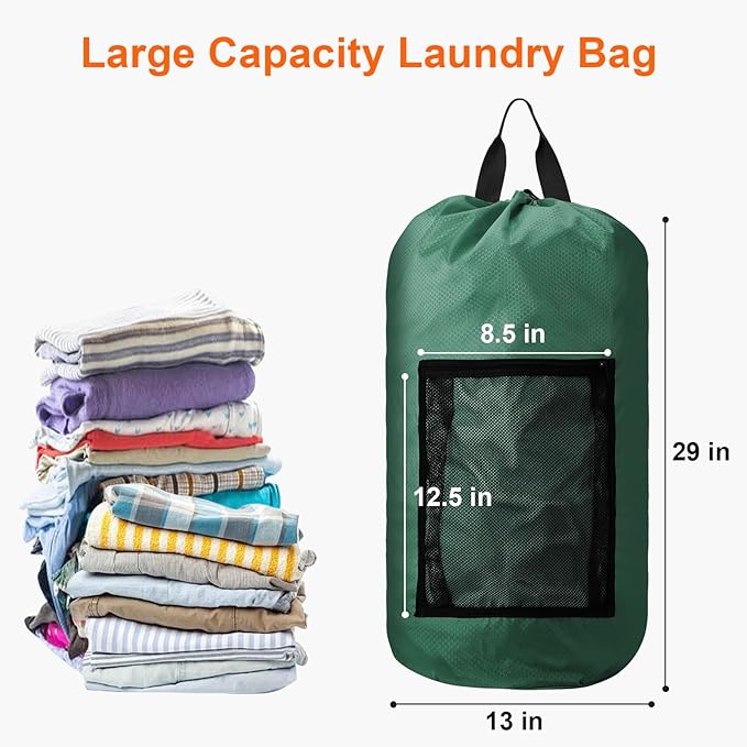 Laundry Bag Backpack Durable Laundry Bag with Shoulder Straps and Mesh Pockets Portable Laundry Hamper Dirty Clothes Bag for College, Travel, Laundromat, Apartment (Green)