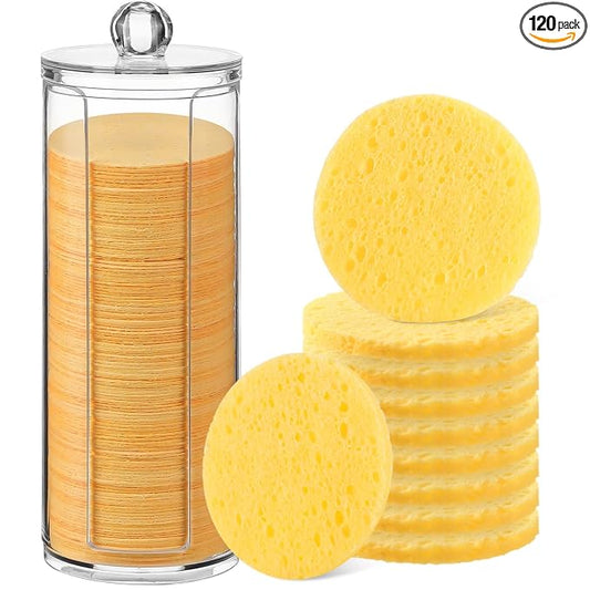 120 Pcs Compressed Facial Sponges Natural Face Exfoliator Disposable Face Sponges for Cleansing Round Soft Facial Scrubber Pads with Storage Container for Makeup Removal Esthetician Supplies Travel