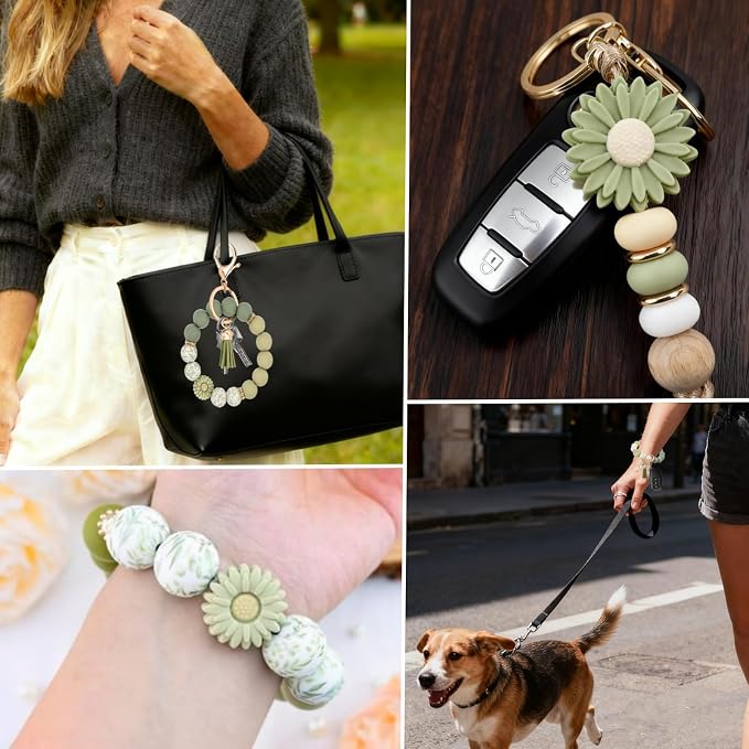 2PCS Bracelet Key Ring Set, Cute Car Key chain Wristlet, Silicone Beaded Bangle keyChains for Women Girls