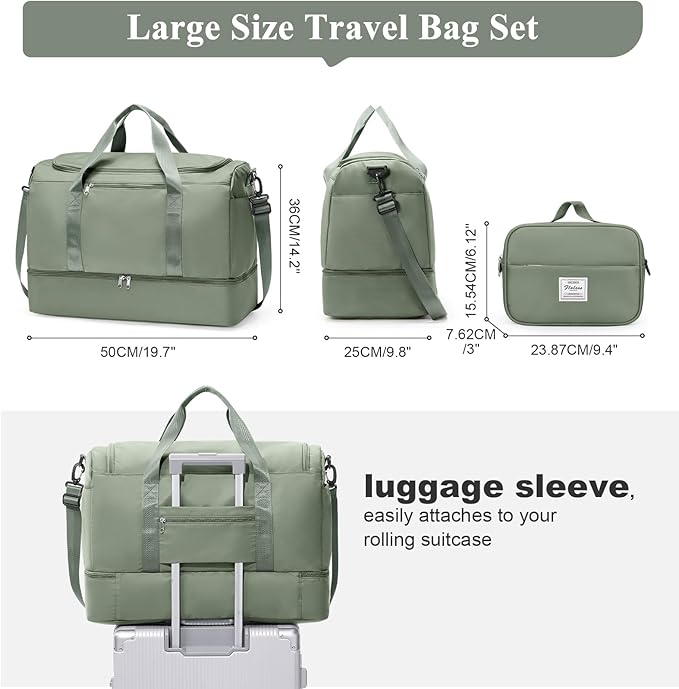 Large Travel Duffle Bag with Shoe Compartment, Weekender Bags for Women, Carry On Overnight Bags for Gym Sports & Business Trips, Water-Resistant Hospital Bag for Labor and Delivery,Green