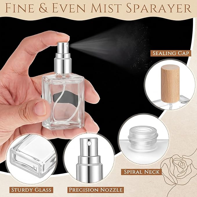 Domensi 30 Pcs 10/15/30/50 ml Glass Perfume Bottles Mini Glass Empty Spray Atomizer Bottles Bulk Refillable Perfume Dispenser Container with Pump Tool for Travel Skin Care (30 ml,Light Woddy Color)