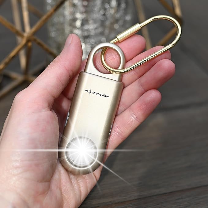 Rechargeable 135 dB Personal Alarm for Women 2-in-1 Flashlight Ultra-Bright Strobe Light. Students Kids Safety SOS Keychain Siren. Loud Emergency Hiking Bear Alerts Long Battery Life. Gold