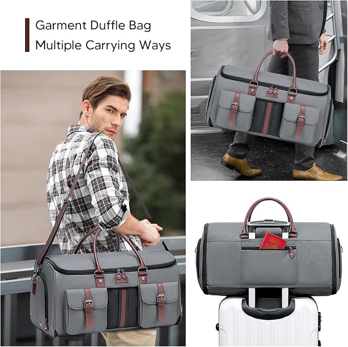 Carry on Garment Bag,Vessgra 2 in 1 Duffle Bag for Travel 58L Garment Bags for Travel Scratch-Resistant Oxford Duffel Bag for Men with Inner Dry/Wet Compartment, Bussiness Weekender Trip,Grey