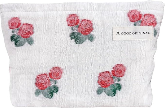 STARDW Flower Cosmetic Bags Makeup Bags for Women and Girls,Travel Makeup Bag Large Capacity Canvas Makeup Bag,Makeup Organizer Bag Zipper Pouch (Rose Red)