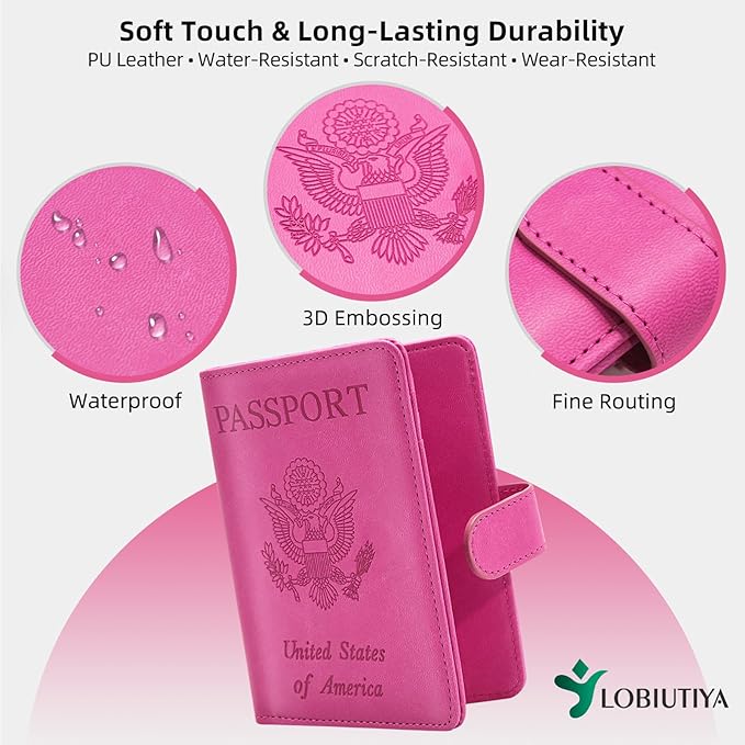 Passport Holder For Travel with Luggage Tag Cover – RFID Blocking Travel Passport Wallet Holder for Women/Family| PU Leather Passport Case with Extra Money Pocket/Magnetic Clasp, Pink