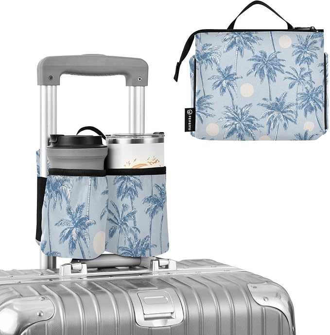 Luggage Cup Holder for Suitcases Free Hands Suitcase Cup Holder Travel Luggage Drink Holder Portable Luggage Cup Caddy Bag Carrier with Handle Light Blue Palm Trees and Sun