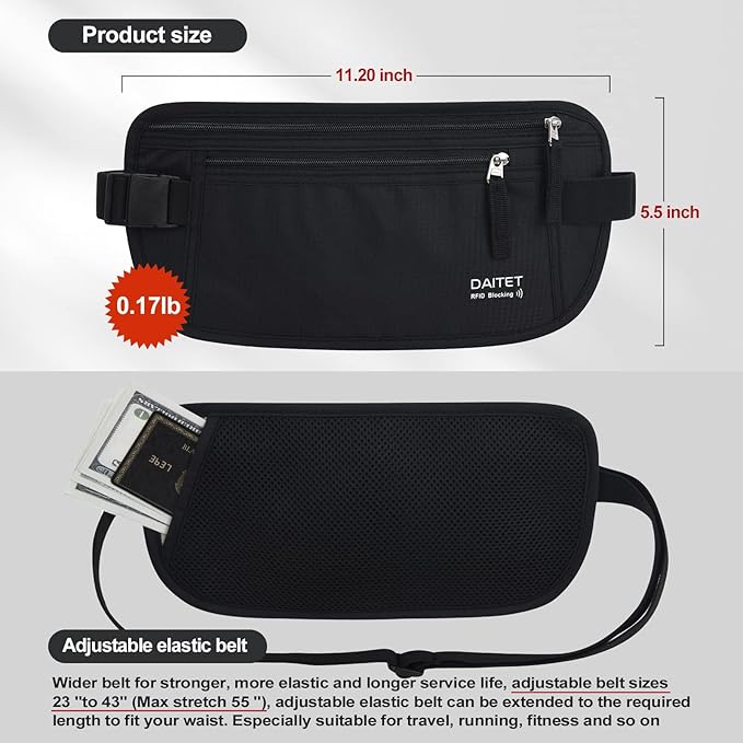 Money Belt - Passport Holder Secure Hidden Travel Wallet with RFID Blocking, Undercover Fanny Pack (Black)
