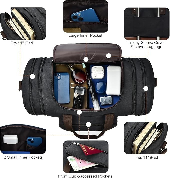 Litvyak Duffle Bag for Travel, 50L Canvas Travel Duffel Bags Overnight Weekend Gym Carry On Luggage Bag for Men & Women(Black+Toiletry Bag)