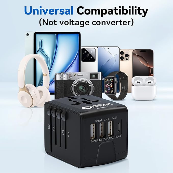 Unidapt International Travel Adapter, Universal Power Adapter Worldwide with 3 USB-A, 1 Type-C - Perfect for Travel to Europe US, EU, UK, AU Over 160 Countries (Black)