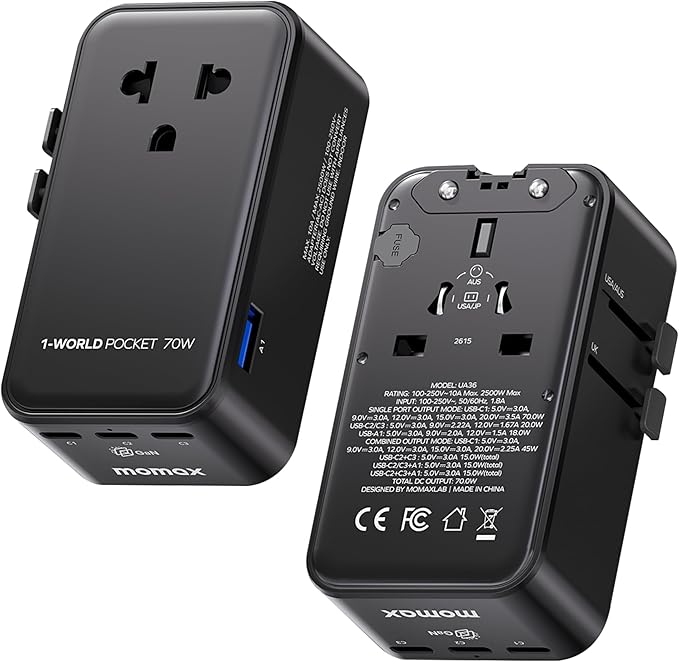 (2026 NEW) MOMAX Universal Travel Adapter, Ultra-Thin 1-World Pocket 70W GaN International Plug Adapter with 3 USB-C & 1 USB-A Fast Charging All-in-One Wall Charger for USA EU UK AUS (1-Pack, Black)