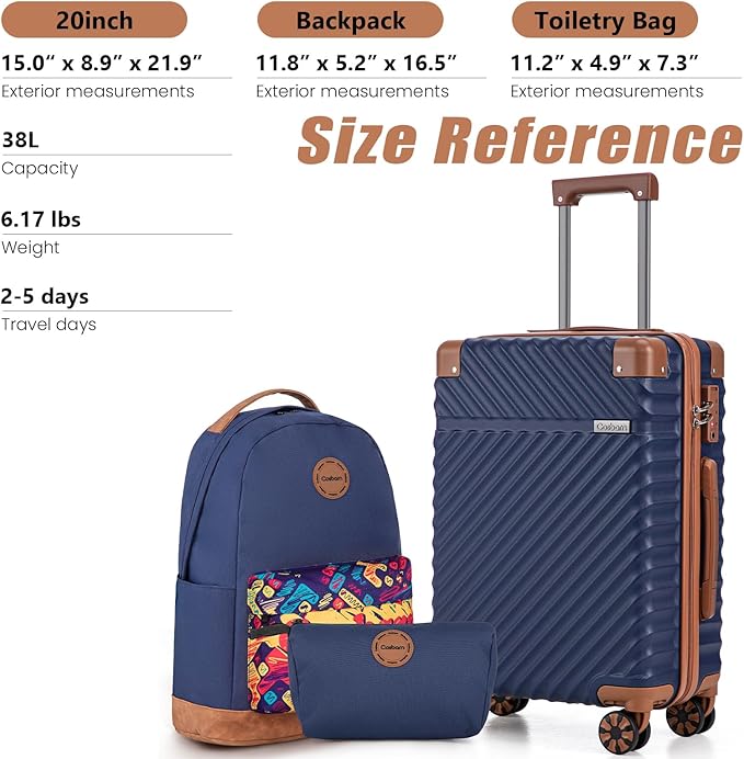 Cosbarn Carry On Luggage 22x14x9 Airline Approved, Hardside 20 Inch Carry on Suitcases with Wheels, Hard Shell ABS Lightweight Carry on Luggage Set, Travel Suitcase Set with TSA Lock, DarkBlue