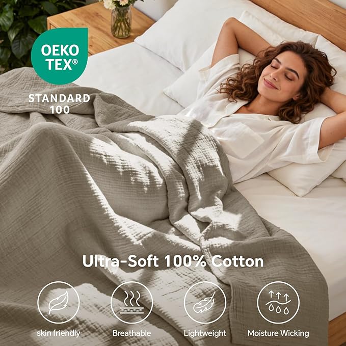 BEDELITE 100% Cotton Muslin Blankets for Adults - 4-Layer Large Throw Breathable and Lightweight Gauze Blanket for Couch, Bed, Travel and Summer, Soft & Cozy Gift for Women, Taupe, 50"x70"
