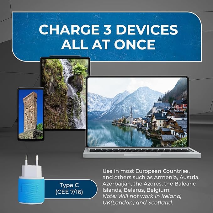 OREI European Travel Plug Adapter with Dual USB - for Most of Europe - Type C (U2U-9C), Will Work with Cell Phones, Camera, Laptop, Tablets, iPad, iPhone and More