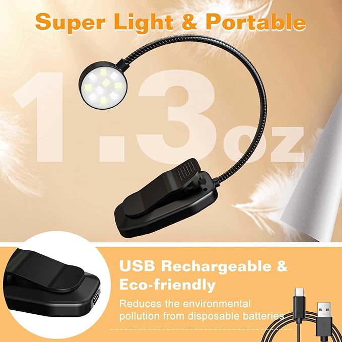 KTEBO Rechargeable Book Light for Reading in Bed, Eye Caring Book Reading Lamp with 10 LED Modes, 1.3 oz Lightweight Portable Clip on Light, 360 Adjustable Clamp Light Perfect for Readers