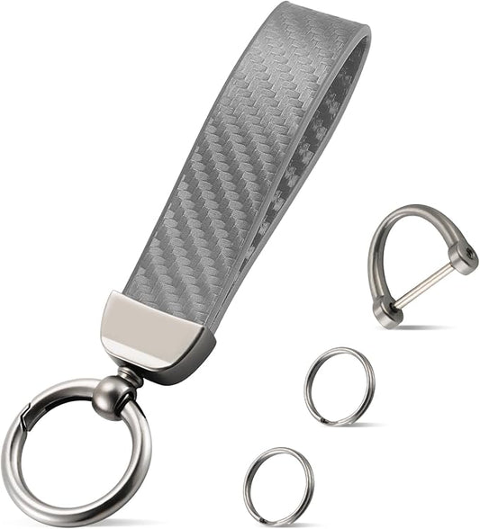 JUSTTOP Leather Keychain, Carbon Fiber Car Key Chain with Anti-Lost D-Ring and 2 Key Ring, Keychain Wristlet, Car Accessories, Universal Keychain for Men and Women (Grey)