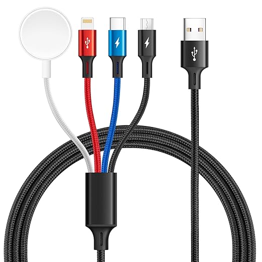 MINLU Multi Charging Cable 3.5A, 4 in 1 Braided iWatch & iPhone Multi Charger with Lightning/USB-C/Micro for Magnetic Wireless Watch Charger iWatch Series UItra/10-1/iPhone 17 16 15 14 13/Galaxy-6FT