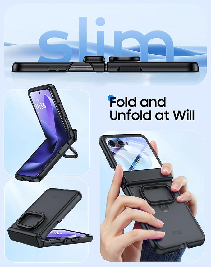 for Motorola Razr 2025 Case/Razr 2024 Case with Ring Holder & Screen Protector & Hinge Protection, Skin Feel Matte PC, Shockproof Phone Cover for Razr 2025/2024-Black (NOT for Plus/Ultra)