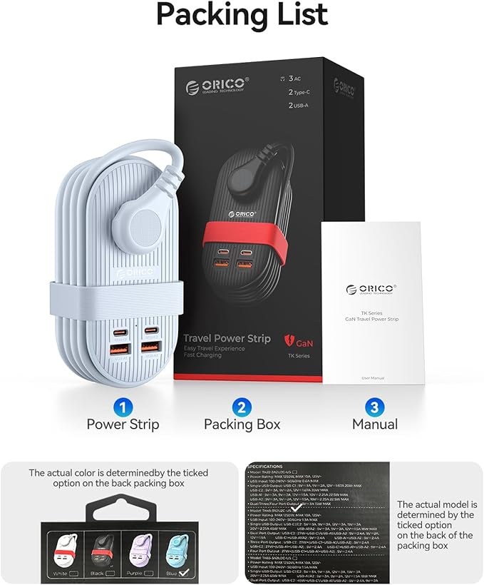 ORICO 45W Power Strip for iPhone 17 and Galaxy S25, 7 in 1 Charging Station with 3AC, 2 USB-A, 2 USB-C, 4ft Thin Extension Cord, Flat Plug Fashion Essential for Cruise Ship/Travel/Home/Dorm - TK45