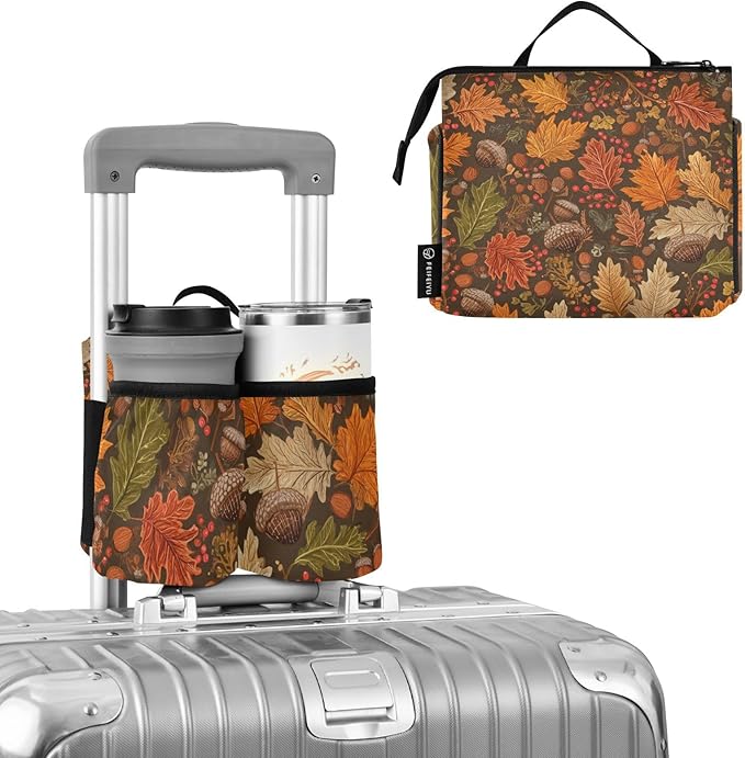 Luggage Cup Holder for Suitcases Free Hands Suitcase Cup Holder Travel Luggage Drink Holder Portable Luggage Cup Caddy Bag Carrier with Handle Brown Maple Leaves Acorns Berries Branches