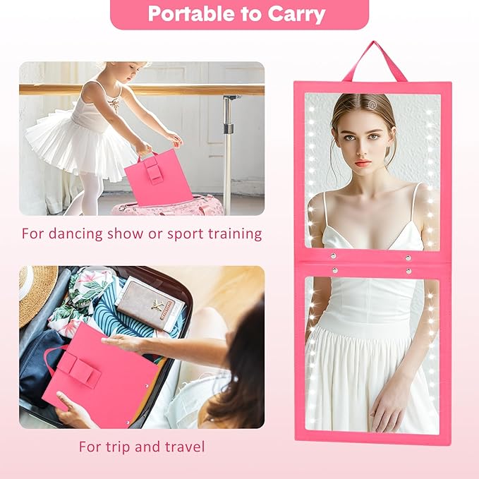 Fabuday Lighted Hanging Mirror for Dance Backstage - Rechargeable Folding LED Full Length Mirror with Lights for Dancers, Portable Foldable Travel Body Mirrors, Brightness Adjustable, Berry