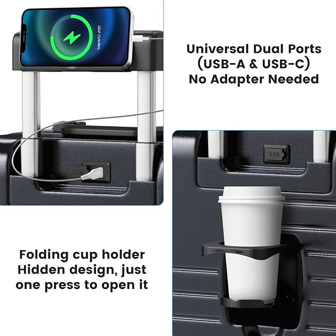 20 Inch Carry on Luggage with Cup Holder, Airline Approved 22x14x9 Aluminum Frame PC Hard Shell Suitcase, 360° Spinner Wheels, TSA Lock for Short Trips and Business Travel