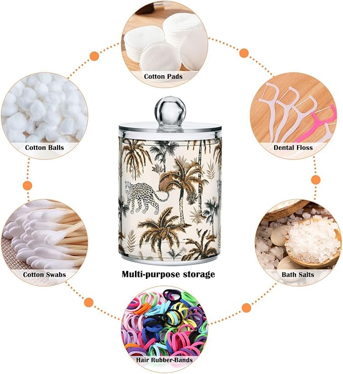 2 Pack Qtip Holder Organizer Dispenser Leopard Palm Trees Bathroom Storage Canister Cotton Ball Holder Container for Cotton Pads/Swabs/Floss
