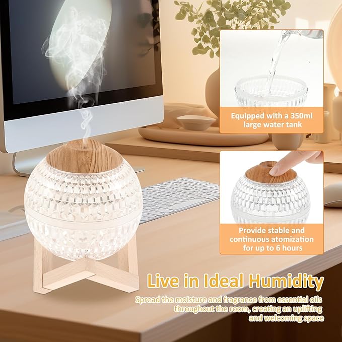 Crystal Ball Mist Mini Humidifier with Night Light Elegant Crystal Ball Oil Humidifiers with Wood Stand 350ml Mini Humidifier Auto Power Off Aromatherapy Diffuser Portable for Decoration Travel Office