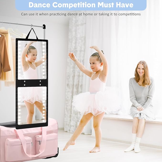 Fabuday Lighted Hanging Mirror for Dance Backstage - Rechargeable Folding LED Full Length Mirror with Lights for Dancers, Portable Foldable Travel Body Mirrors, Brightness Adjustable, Black
