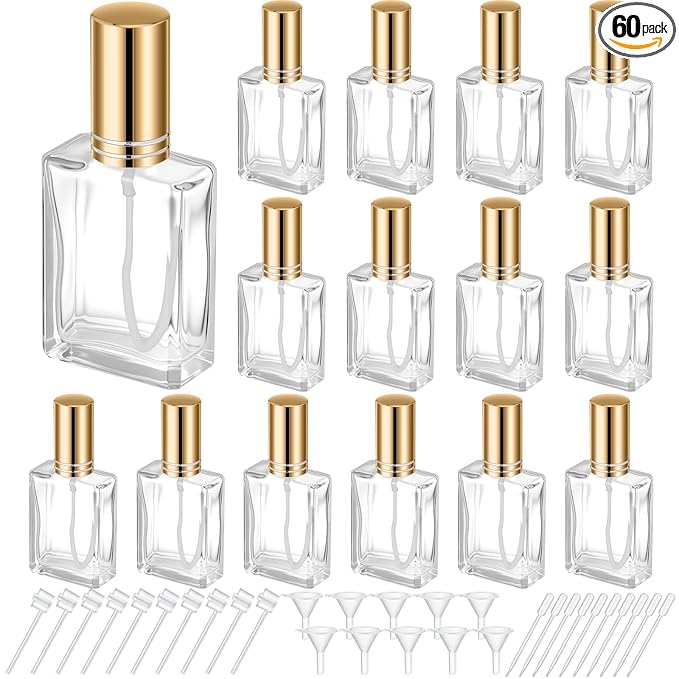 Domensi 60 Pcs 10/15/30/50 ml Glass Perfume Bottles Mini Glass Empty Spray Atomizer Bottles Bulk Refillable Perfume Dispenser Container with Pump Tool for Travel Skin Care (30 ml,Gold)