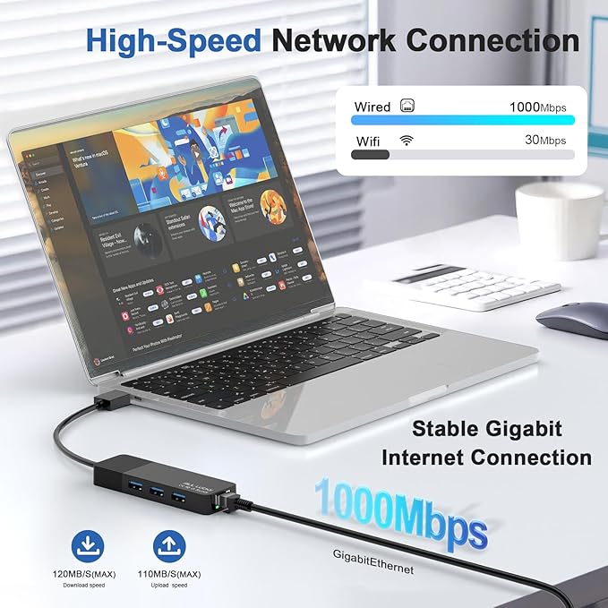 ALL-LUCKY USB Hub with Ethernet Adapter, 4-in-1 USB 3.0 Gigabit Network Hub (1000Mbps, 3×USB 3.0 + RJ45), Plug and Play for Laptop/PC/MacBook/Surface Pro/Dell XPS/HP, Windows/Mac OS/Chrome OS