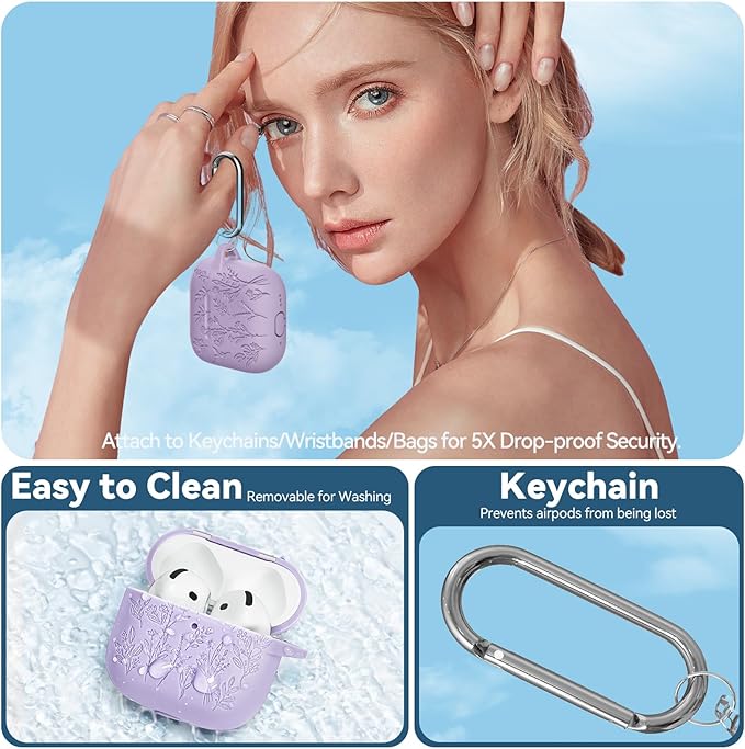 for Airpods 4 Case with Magnetic Lid, Ekoonpft Flower Engraved Cases for Apple AirPods 4th Generation 2024, Soft Silicone Cover for Women Girly with Cleaning Kit & Keychain, Shockproof