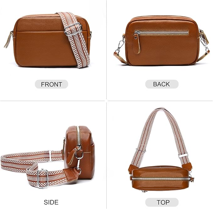 Small Crossbody Bags for Women Genuine Leather, Guitar Strap Shoulder Handbag Purse Camera Bag with Rfid Card Slots, brown