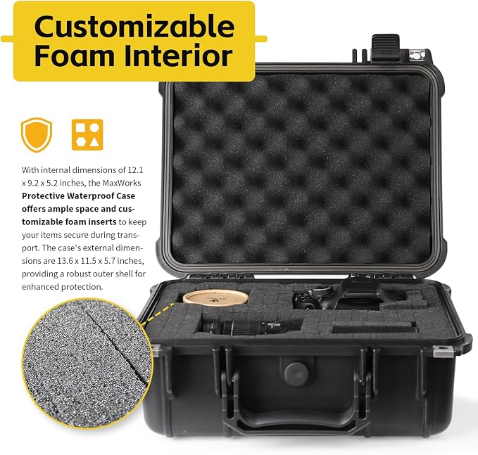 MaxWorks 51016 Waterproof Hard Case IP67 – Protective Foam Interior, Fits 12.1" x 9.2" x 5.2" Items – Rugged Storage for Camera, Tools, Valuables – 13.6" x 11.5" x 5.7" Exterior, Black