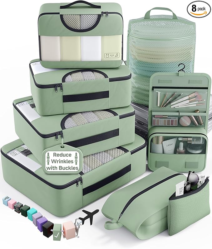 Veken 8 Set Packing Cubes for Travel Essentials,Anti-Wrinkle Buckled Suitcase Organizer for Shoe & Toiletry Bag,Carry On Luggage Bag for Airplane & College Dorm Room Accessories,Women Men Gifts