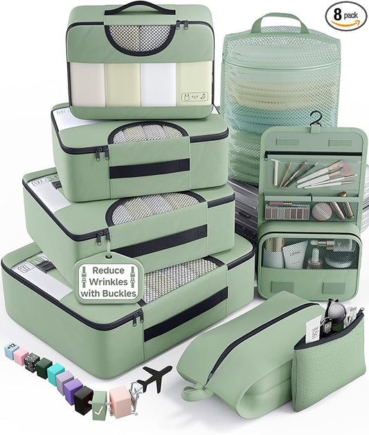 Veken 8 Set Packing Cubes for Travel Essentials,Anti-Wrinkle Buckled Suitcase Organizer for Shoe & Toiletry Bag,Carry On Luggage Bag for Airplane & College Dorm Room Accessories,Women Men Gifts