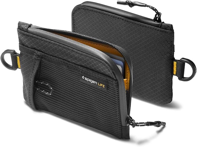 Spigen Life for Soft Material Card Wallet, RFID Blocking Slim EDC Wallet with Mesh Pocket, D-Ring Strap, Waterproof YKK Zipper, Lightweight Everyday Carry Card Holder - Black