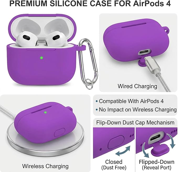 Silicone Case Cover for AirPods 4th Gen, Soft Skin, Full Protection, Keychain, Cleaner Kit (Purple)