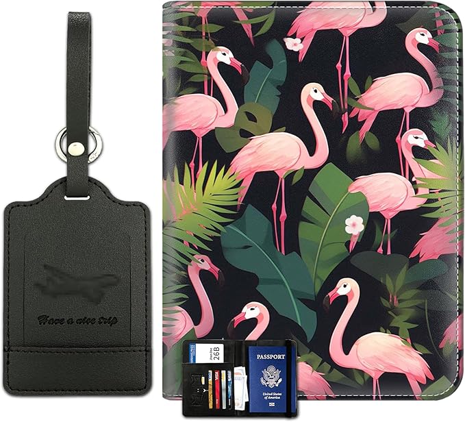 Passport Wallet, Passport Holder with RFID Blocking and Luggage Tag, Waterproof PU Leather Travel Documents Organizer Case, Passport Covers with Card Slot for Women & Men, Flamingo Passport Book