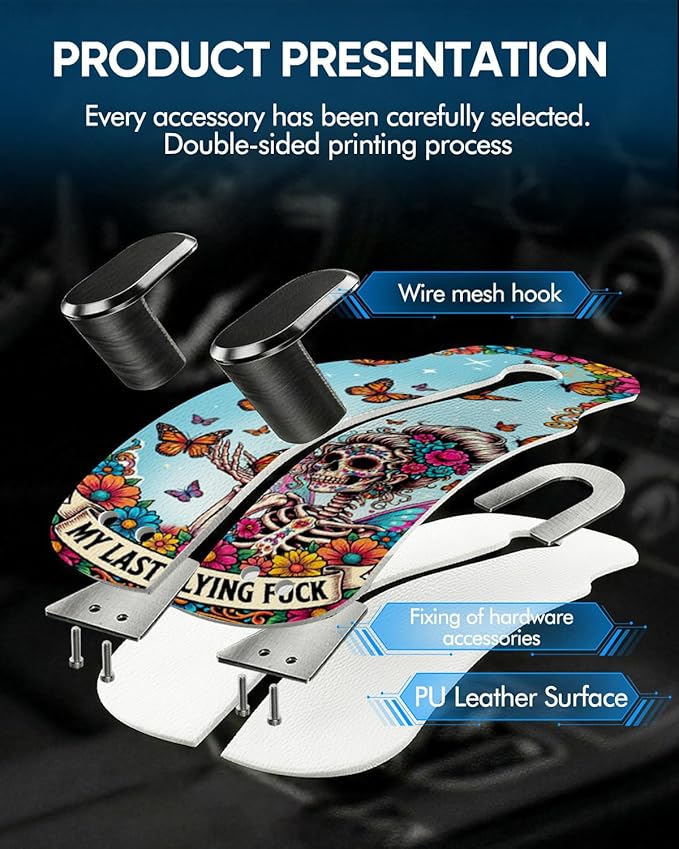 WOCOCN Purse Holder for Car, 2 Pack Heavy Duty Purse Hanger for Car, PU Leather Car Seat Hooks for Purses and Bags, Cute Skeleton Headrest Organizer for Handbags & Backpacks