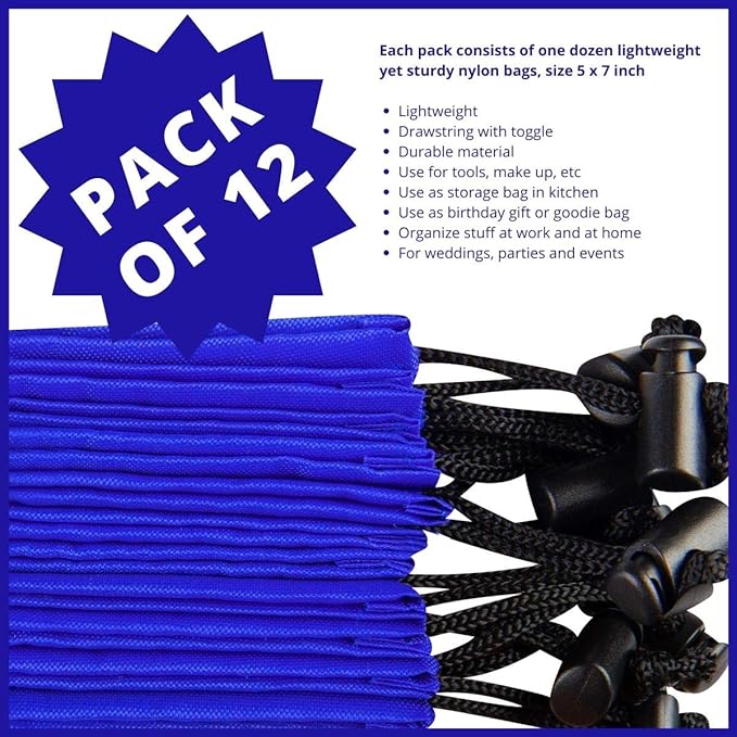 PALTERWEAR Drawstring Pouch (5 x 7 Inch - 12 Pack - Blue) Small Nylon Cinch Bag with Toggle for Travel, Gym and Storage
