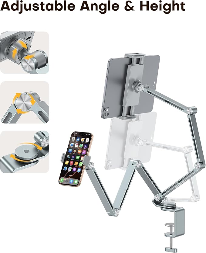 OMOTON Tablet Stand for iPad with 360° Rotation, GH03 Aluminum Alloy Long Arm Phone Mount with 2 Plastic Clamps (Phone & Tablet), Adjustable Holder for 4-13" iPad Pro/iPhone, Grey