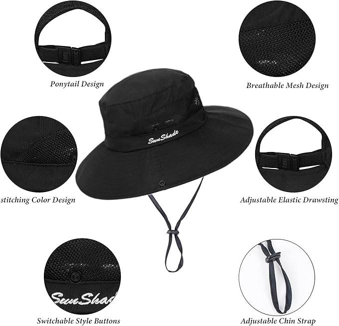 Sun Hat for Women Summer UV Protection Beach Hat Wide Brim Mesh Bucket Fishing Hat with Ponytail Hole Foldable Packable Hat