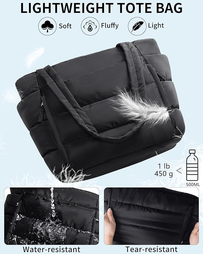 Bagstellar Puffer Tote Bag for Women, Lightweight Puffy Work Handbag Teacher Nurse Quilted Shoulder Bag for School Travel Gym | Cloud Bag w/ Zipper
