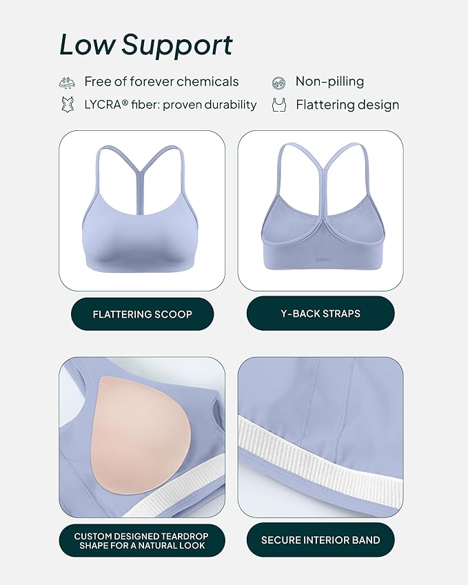 PAVOI ACTIVE Yoga Racerback Bras for Women - Buttery Soft Low Support Scoop Neck Y-Back Thin Strap Sports Bra - FlexFlow