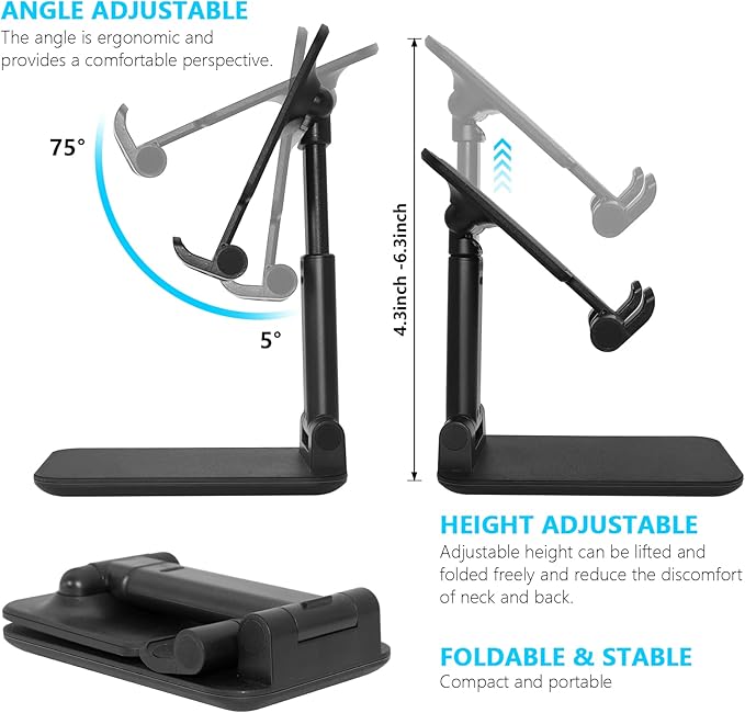 2 Pack Cell Phone Stand, Fully Adjustable Angle Height Phone Stand for Desktop, Foldable Phone Holder Compatible with All Phones 15 14 13 12 11 (Black and White)