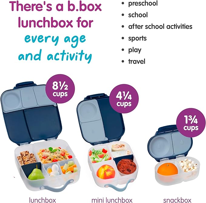 b.box Snack Box - Leakproof Mini Bento Box for Kids & Toddlers, 2 Compartment Snack Containers for Kids, Lunch Containers, Dishwasher Safe, BPA Free, PFAS Free, Ages 4m+, 1 3/4 Cup - Midnight