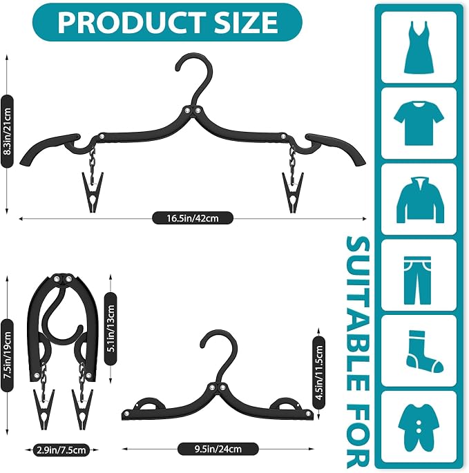 15 Pcs Travel Hangers with 30 Clips Portable Foldable Travel Hanger Organizer, Plastic Cruise Ship Essentials 2026 Clothes Hanging Rack Folding Hangers for Travel Camping Fly RV Europe Suitcase Black
