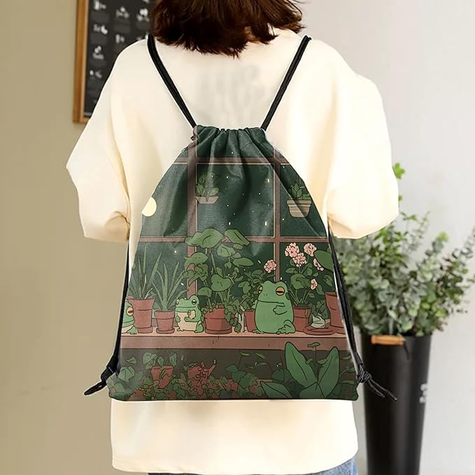 Drawstring Backpack Draw String Sports Bags for Gym Travel Beach Waterproof Cute Sackpack Men Women Aesthetic (13"×17")-Frog