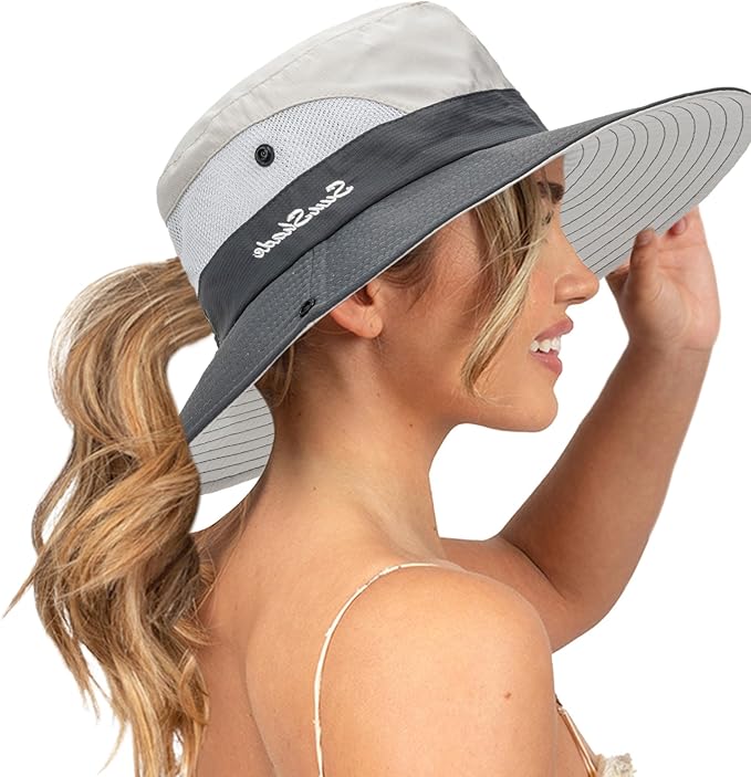 Sun Hat for Women Summer UV Protection Beach Hat Wide Brim Mesh Bucket Fishing Hat with Ponytail Hole Foldable Packable Hat