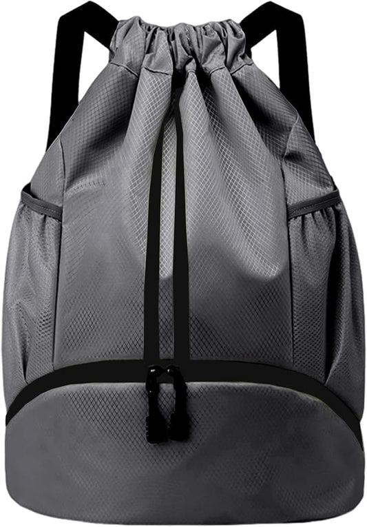 JELUTAR Drawstring Backpack Gym Bag with Shoes Compartment for Soccer, Basketball, Swim, Water-Resistant String Backpack Beach Cinch for Women Men, Dark Grey